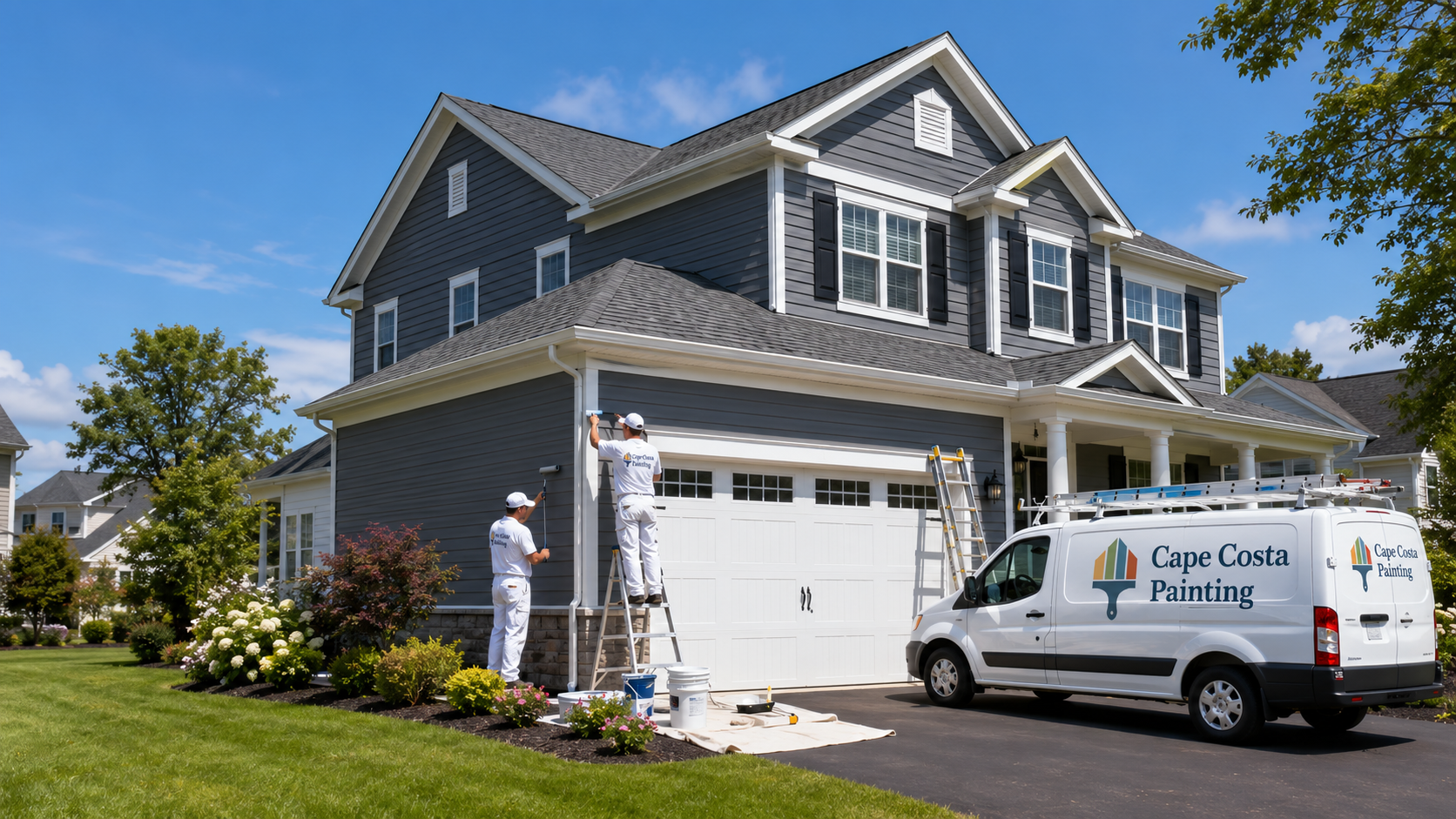 Crew painting a Cape Cod home exterior